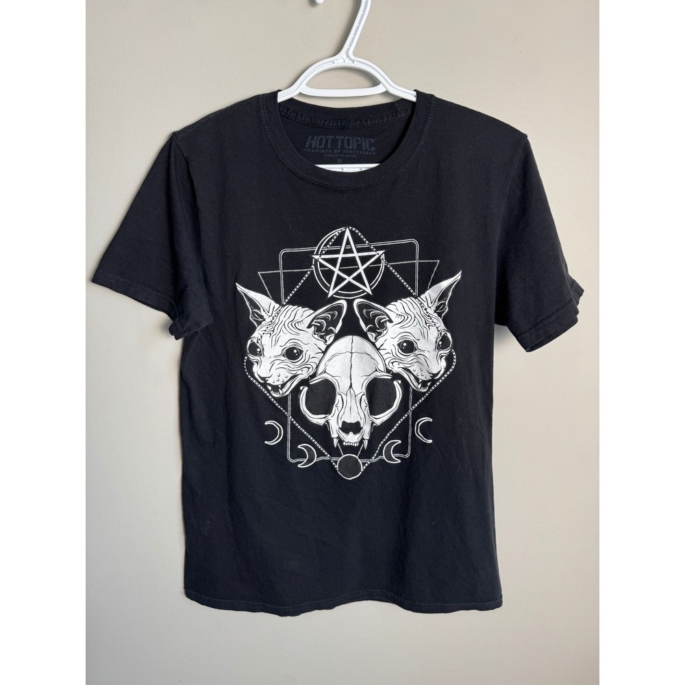 Hot Topic Womens Black Sphynx Cat Skull Pentagram Goth Tee M Occult Witchy Edgy